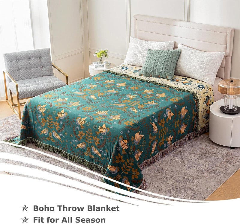 LUTBM King Throw Blanket for Bed 100% Cotton Boho Ultra Soft Rustic Quilt Birds and Floral Double Embroider Fall King Bed Blanket,90"×108" All Season Blankets for Bedding Couch - Image 3