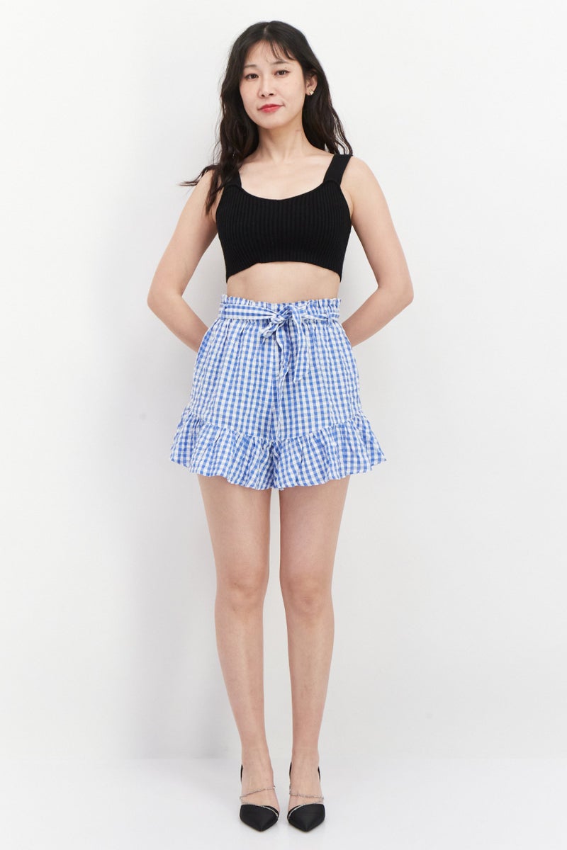NEW LOOK Women Regular Fit Checkered Belted Shorts, Blue/White - Image 3