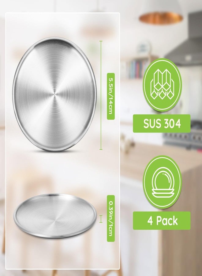 Offiper Stainless Steel Plates, 4 Pack 5.5 inch 304(18/8) Metal Food Serving Plate Set, Reusable Snack Eating Dishes Round Shatterproof Plate Silver Dinnerware for BBQ Dinner Oven Dishwasher Safe - Image 2
