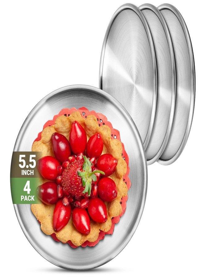 Offiper Stainless Steel Plates, 4 Pack 5.5 inch 304(18/8) Metal Food Serving Plate Set, Reusable Snack Eating Dishes Round Shatterproof Plate Silver Dinnerware for BBQ Dinner Oven Dishwasher Safe - Image 1