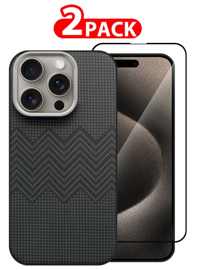 MARGOUN For iPhone 15 Pro 2 Pack Case And Screen Protector Carbon Fiber Made Slim And Light Shockproof Phone Cover Military-Grade Protection MIX2 - Image 1