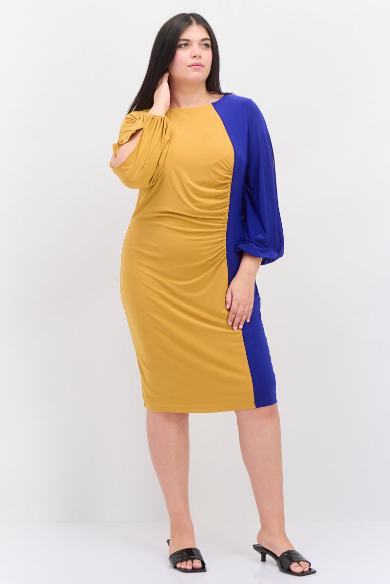 Kasper  Women Plus Size Two Tone Midi Dress, Mustard - Image 3