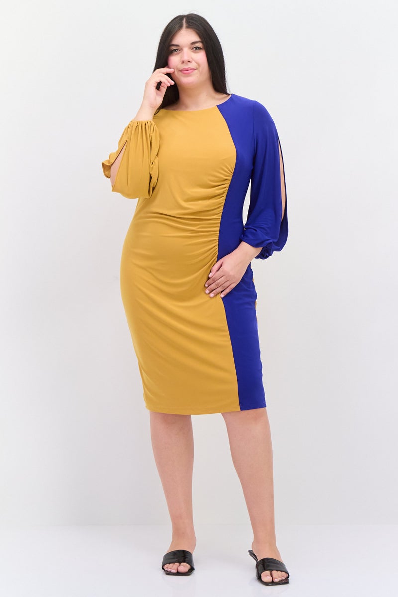 Kasper  Women Plus Size Two Tone Midi Dress, Mustard - Image 1