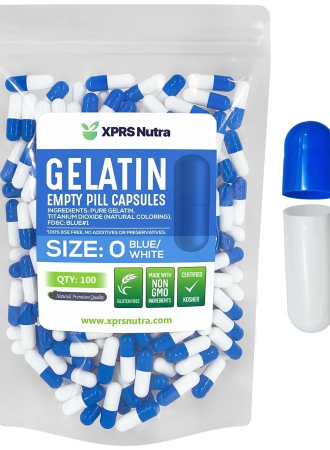 XPRS Nutra Size 0 Empty Capsules - 100 Count Empty Gelatin Capsules - Empty Pill Capsules - DIY Capsule Filling - Pure Bovine Pill Capsules Empty Gel Caps (Blue/White)