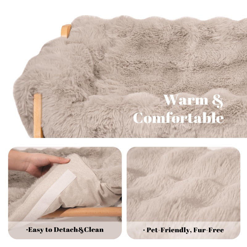 CHEERHOME PETS Elevated Cat Couch Bed for Indoor Cats, Wooden Cat Sofa with Removable Washable Fluffy Cover Raised Kitty Lounge Chair Suitable for Puppy(Cat Sofa,Khaki-Light Gray) - Image 3