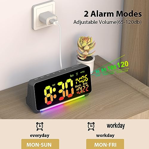 Samshow 120db Super Loud Alarm Clocks for Heavy Sleepers adults , 15 Wake Up Sounds Alarm Clock for Heavy sleepers , 7 Color Night Light, Dynamic RGB Color , 0-100% Dimmer, Snooze, DST , Large LED Display - Image 2