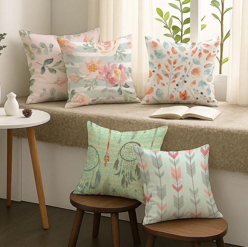 BRICK HOME Set of 5 Jute Printed Cushion Covers 16x16 Inches | Pastel Floral, Leaf, Arrow & Dreamcatcher Pattern | Soft Durable Decorative Pillow Covers for Sofa Couch Living Room Bedroom - Image 2