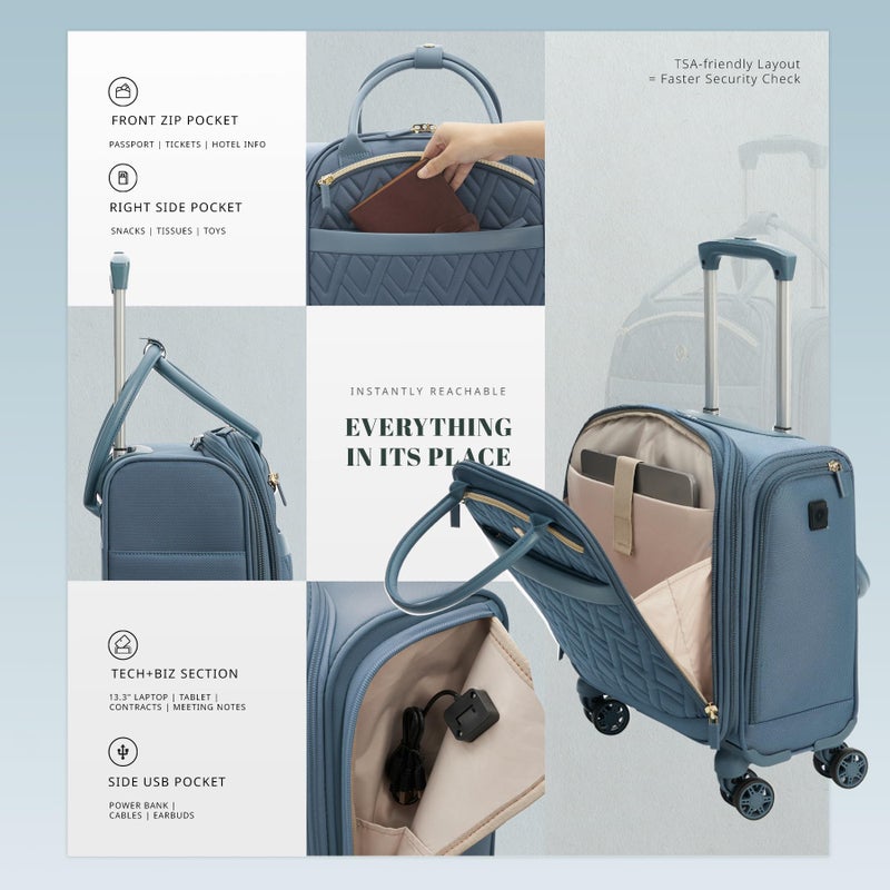 Verage 18x14x8in Spinner Underseat Carry-On Luggage -Airplane Personal Item Bag, USB A&C Charging Port, Padded Laptop Pocket & Wet/Dry Compartments for Women, Haze Blue - Image 5