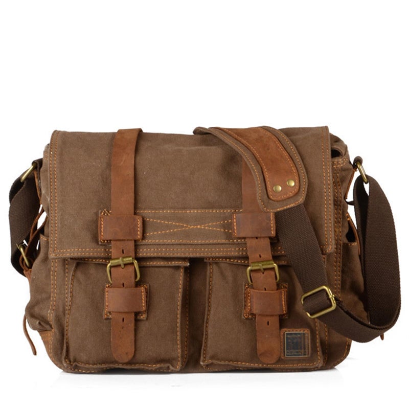 Canvas Messenger Bag 13.8” L*4.7” W*11” H Portable Office Design - High Density Durable Canvas Cowhide Laptop Bag for Daily Commute Travel Remote Work Outdoor Activities Men Women - Image 1