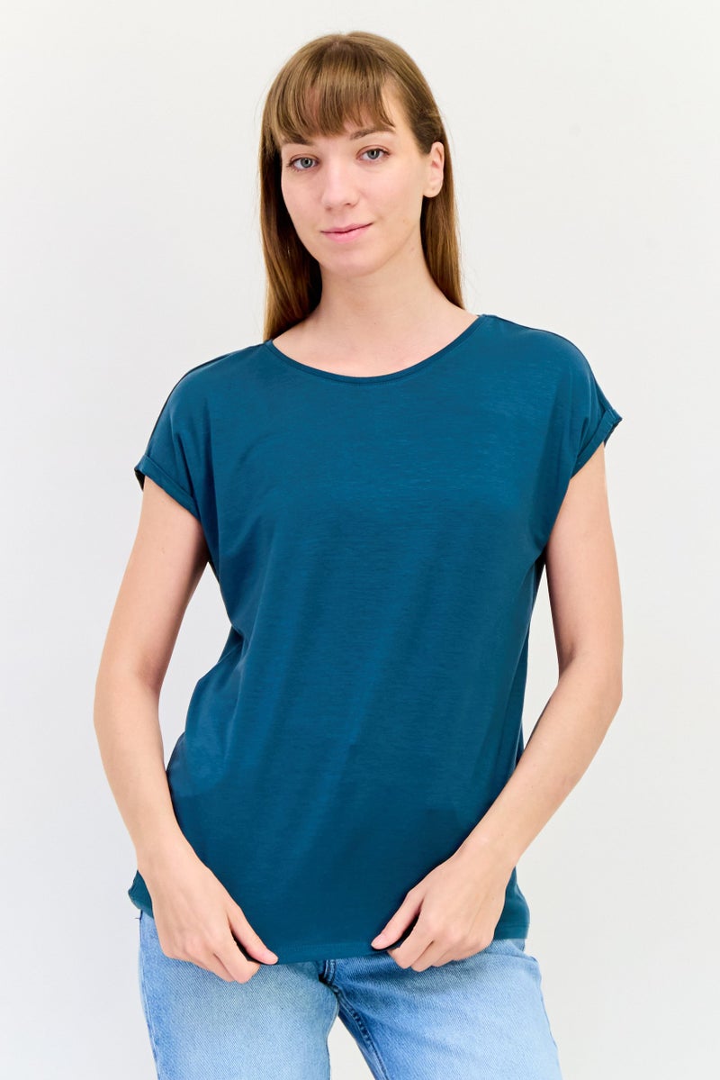 VERO MODA تي شيرت نسائي بياقة دائرية بأكمام قصيرة بلون أخضر مائل إلى الأزرق - Image 1