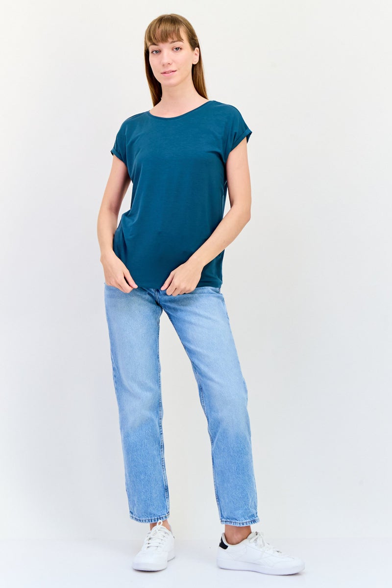 VERO MODA تي شيرت نسائي بياقة دائرية بأكمام قصيرة بلون أخضر مائل إلى الأزرق - Image 3