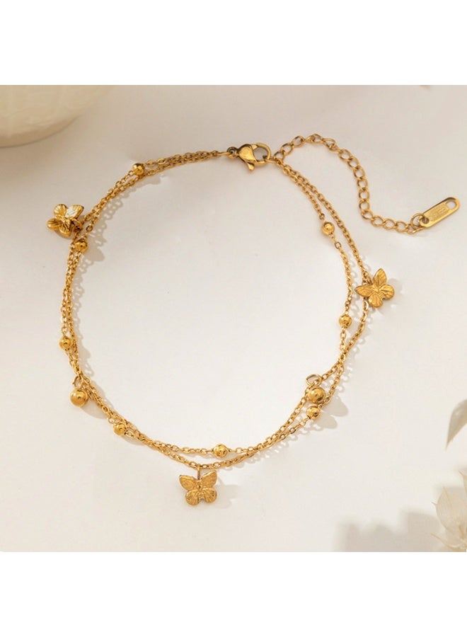 XIXI Women's Boho Dual-Chain Ankle Bracelet with Butterfly Charms and Ball Beads - Image 1