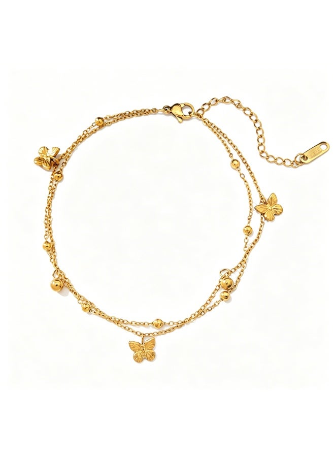 XIXI Women's Boho Dual-Chain Ankle Bracelet with Butterfly Charms and Ball Beads - Image 3