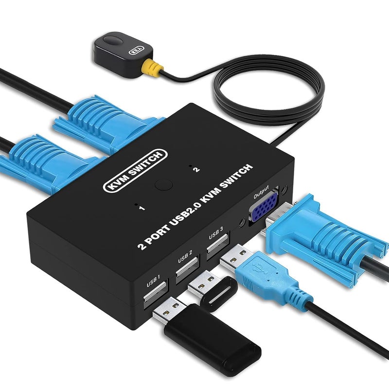 DGODRT USB VGA KVM Switch for 2 PC Sharing 1 Video Monitor and 3 USB Devices, Keyboard Mouse Scanner Printer, for Laptop PC Windows Mac OS System - Image 1