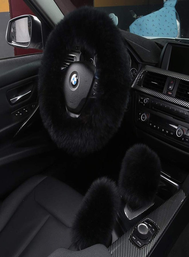 AOGELAN 3Pcs Set Fashion Fluffy Fuzzy Wool Fur Soft Car Steering Wheel Cover with Handbrake Cover & Gear Shift Cover for Women/Girls/Ladies Auto Long Wool Accessories - Image 1