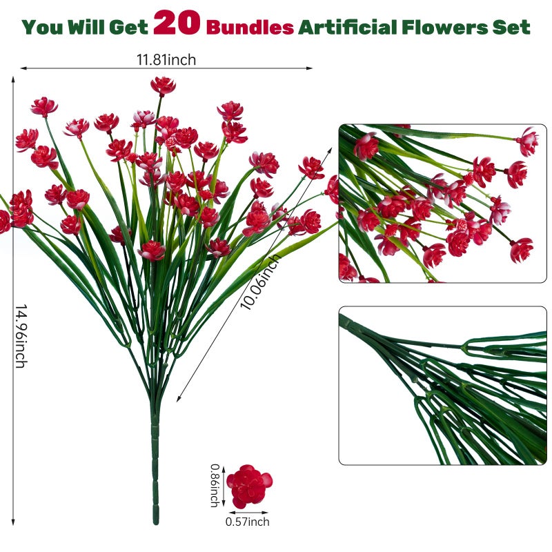 Lnoicy 20pcs Artificial Flowers for Outdoor Plastic Flowers Decoration  UV Resistant Faux Flowers Shrubs  Artificial Plants for Indoor Outside Garden Home Wedding Farmhouse(Red) - Image 2