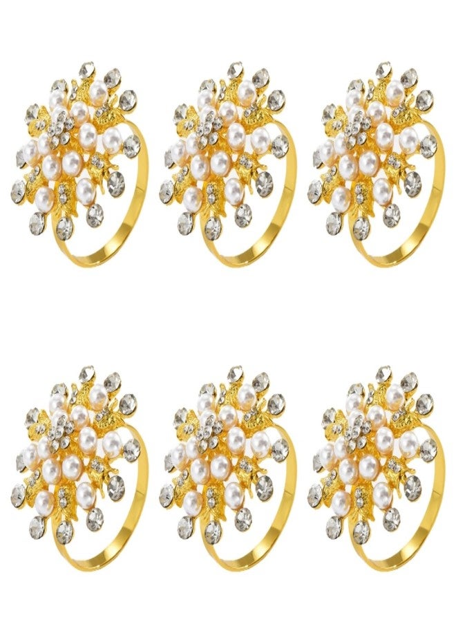 Joyindecor Gold Napkin Rings Set of 6 - Metal Pearl Rhinestone Napkin Ring Holder for Wedding Party Home Kitchen Dining Table Linen Accessories (Golden) - Image 1