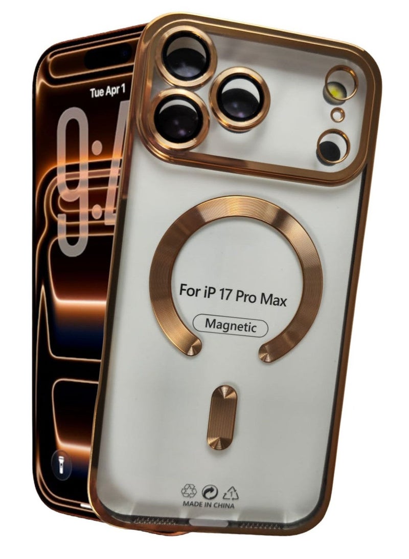 غطاء أنيق لهاتف iPhone 17 Pro Max مقاس 6.9 بوصة، متوافق مع MagSafe، إطار TPU مطلي كهربائياً ناعم مع ظهر شفاف، غطاء هاتف مقاوم للصدمات (ذهبي) - Image 3