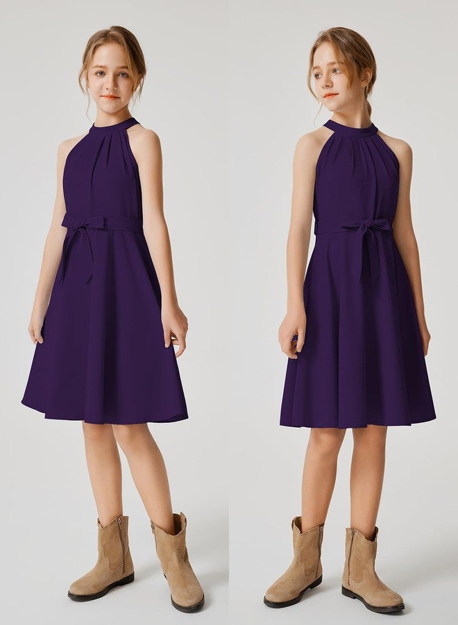 Quedoris Girls Halter Neck Pleated A-line Swing Flared Belted Casual Party Dress with Zipper, Dark Purple, 9-10 Years - Image 3