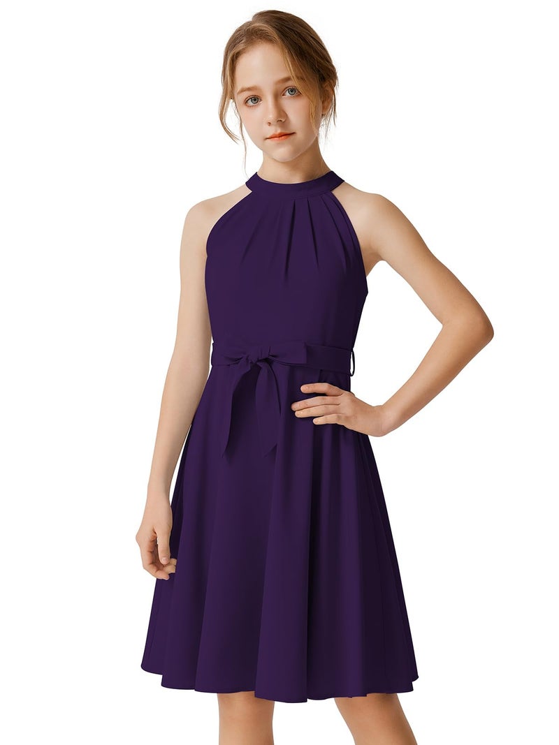 Quedoris Girls Halter Neck Pleated A-line Swing Flared Belted Casual Party Dress with Zipper, Dark Purple, 9-10 Years - Image 1