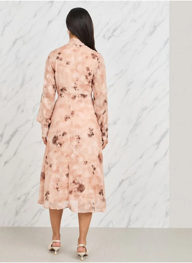 Styli Textured Tie Up Neck A-Line Midi Dress