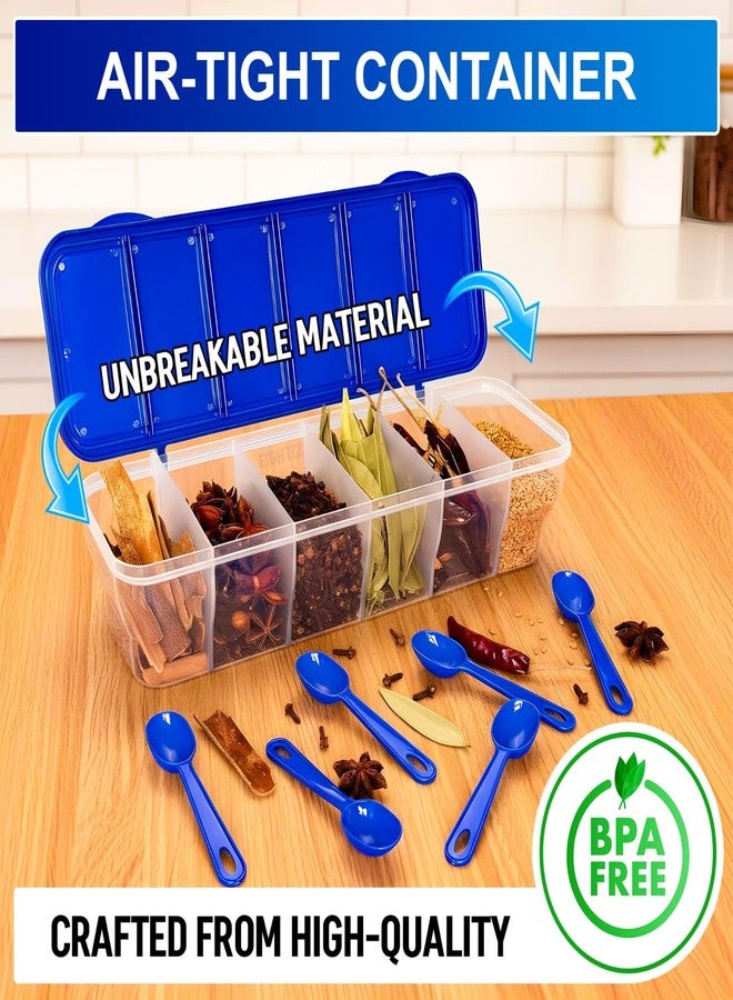 Eightiz Multipurpose Plastic 6 in 1 Masala Box for Kitchen, Transparent Pickel Box, 6 Compartment Storage Container Airtight for Cereal, Dry Fruits Dabba1800 Ml with 6 Spoons(Blue) - Image 2