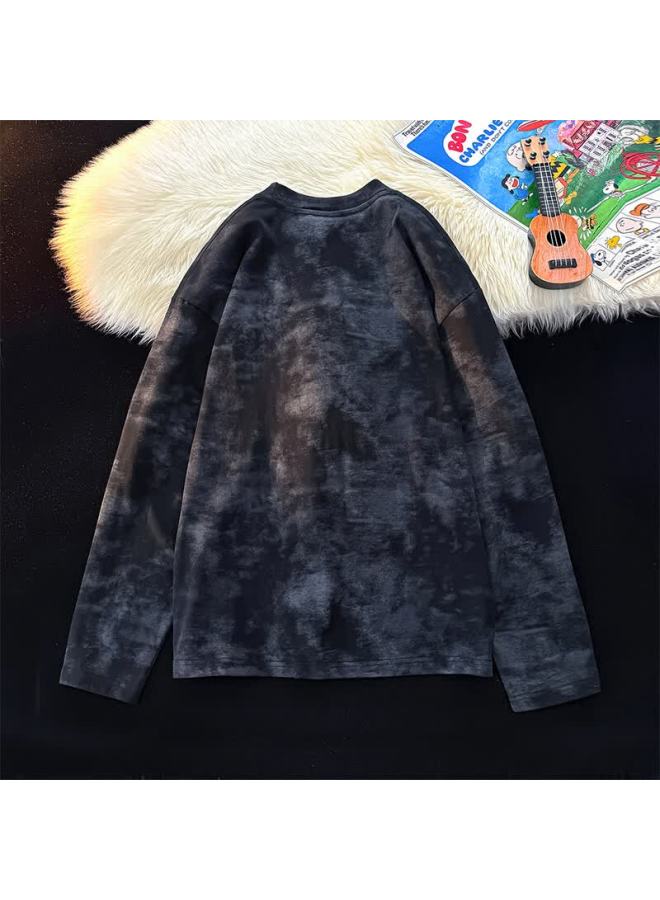 Vuug American Tie-dye Long Sleeve T-shirt Men Pure Cotton Vintage Washed Distressed Dirty Style Autumn T-shirt L Black - Image 2