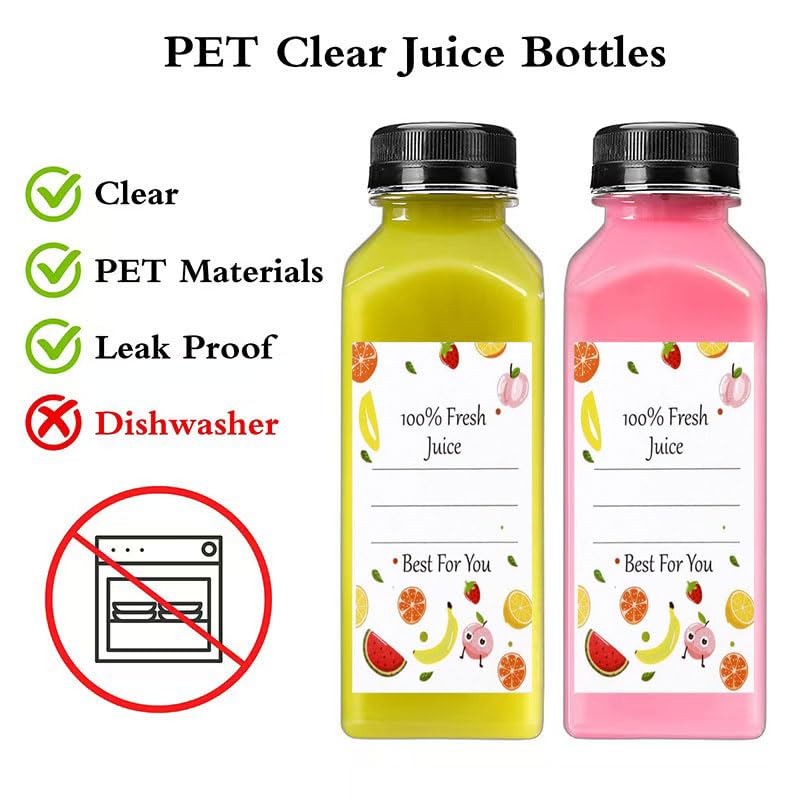 Sonfon Plastic Juice Bottles with Caps 10pcs 12oz, Reusable Juice Containers with Tamper Proof Lids Black, Clear Bottles for Juicing, Milk, Smoothie Bottle, Drinking with 10Pcs Labels & Bottle Brush - Image 3
