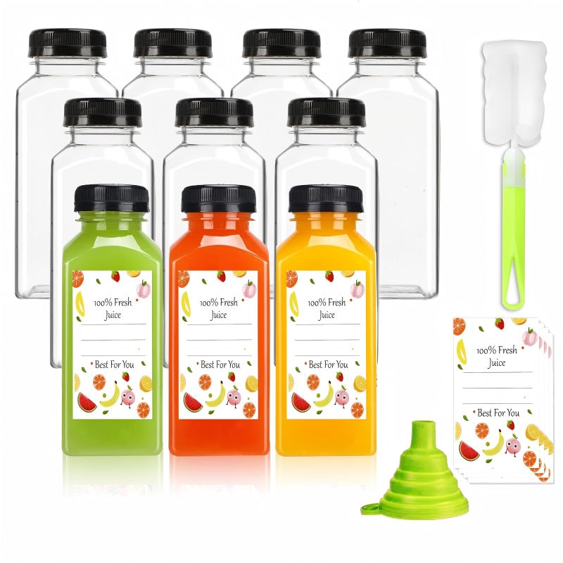 Sonfon Plastic Juice Bottles with Caps 10pcs 12oz, Reusable Juice Containers with Tamper Proof Lids Black, Clear Bottles for Juicing, Milk, Smoothie Bottle, Drinking with 10Pcs Labels & Bottle Brush - Image 1