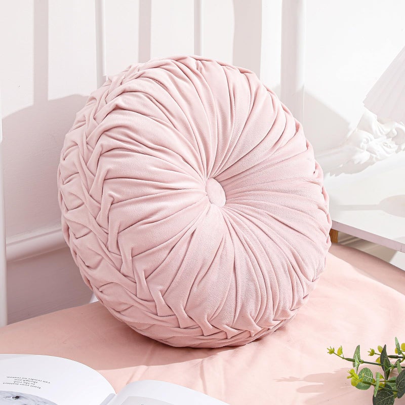 Drydiet 1 Pcs Round Throw Pillows Decorative Velvet Pleated Throw Pillows 15'' Diameter Accent Pumpkin Boho Chair Cushion for Couch Sofa Chair Bed Home Decoration (Pink) - Image 1