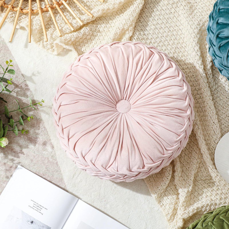 Drydiet 1 Pcs Round Throw Pillows Decorative Velvet Pleated Throw Pillows 15'' Diameter Accent Pumpkin Boho Chair Cushion for Couch Sofa Chair Bed Home Decoration (Pink) - Image 5