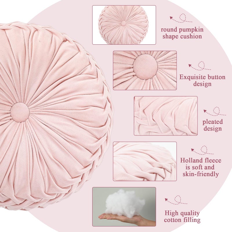 Drydiet 1 Pcs Round Throw Pillows Decorative Velvet Pleated Throw Pillows 15'' Diameter Accent Pumpkin Boho Chair Cushion for Couch Sofa Chair Bed Home Decoration (Pink) - Image 3