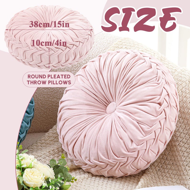 Drydiet 1 Pcs Round Throw Pillows Decorative Velvet Pleated Throw Pillows 15'' Diameter Accent Pumpkin Boho Chair Cushion for Couch Sofa Chair Bed Home Decoration (Pink) - Image 2