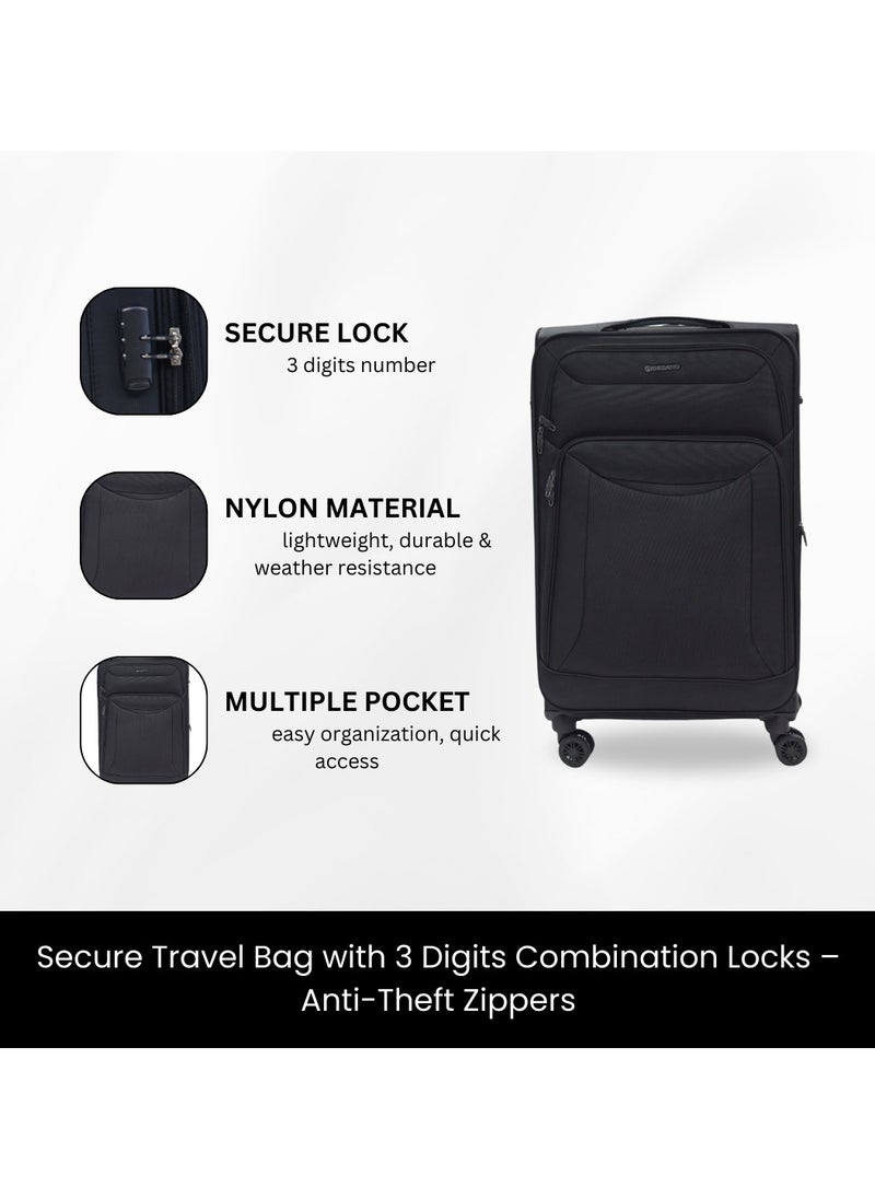 GIORDANO - GIORDANO Casablanca Series Check-In Large Suitcase Black, Soft Nylon Lightweight Durable Expandable 4 Wheels Luggage Trolley Bag 28" With Secure 3 Digit Number Lock. - Image 1