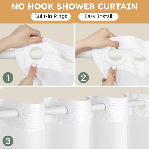 FADOTY No Hook Shower Curtain and Snap in Liner Set White Tufted Chevron Striped Cloth Waterproof Washable Fabric Boho Bath Curtain with See Through Mesh Top Window for Bathroom Hotel 71 x 74 - Image 3