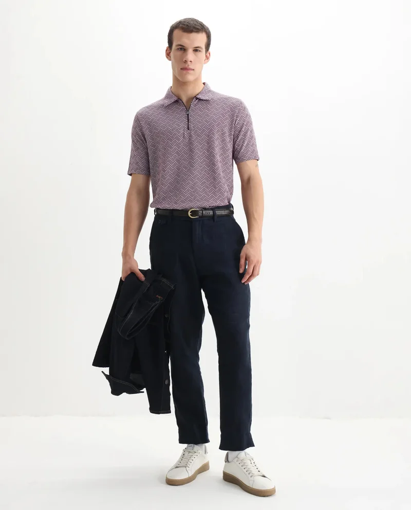 رير رابِت Rare Rabbit Men's Cabetta Dark Purple Cotton Fabric Collared Neck Zipper Closure Half Sleeves Jacquard Polo