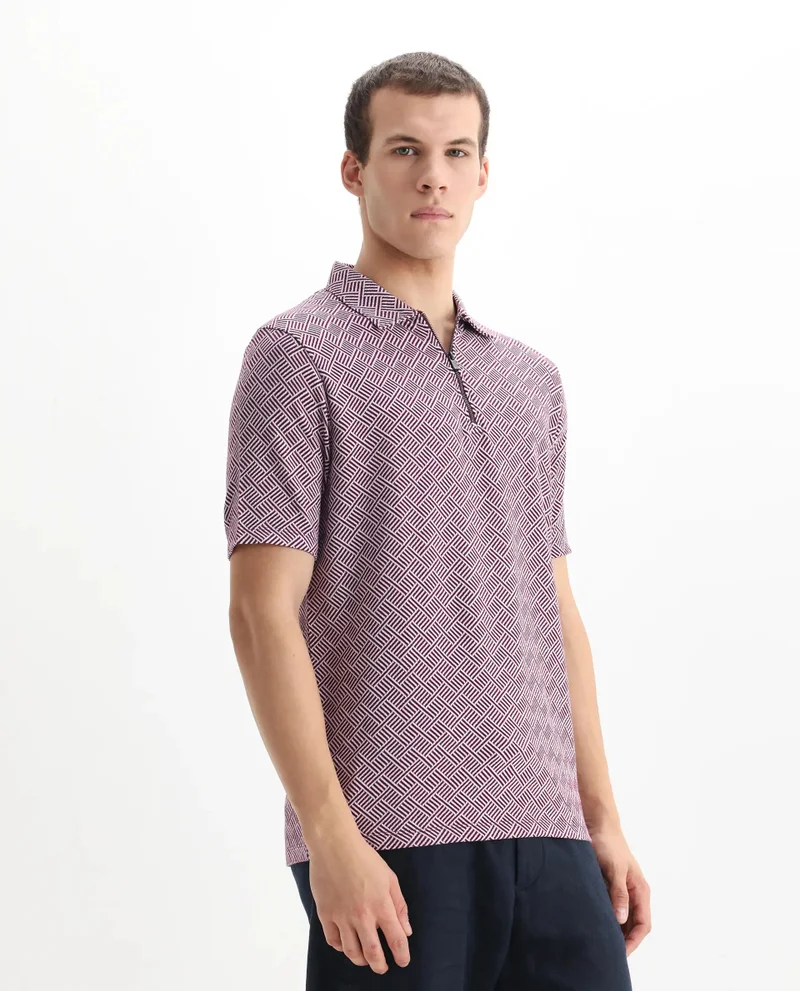 Rare Rabbit Rare Rabbit Men's Cabetta Dark Purple Cotton Fabric Collared Neck Zipper Closure Half Sleeves Jacquard Polo