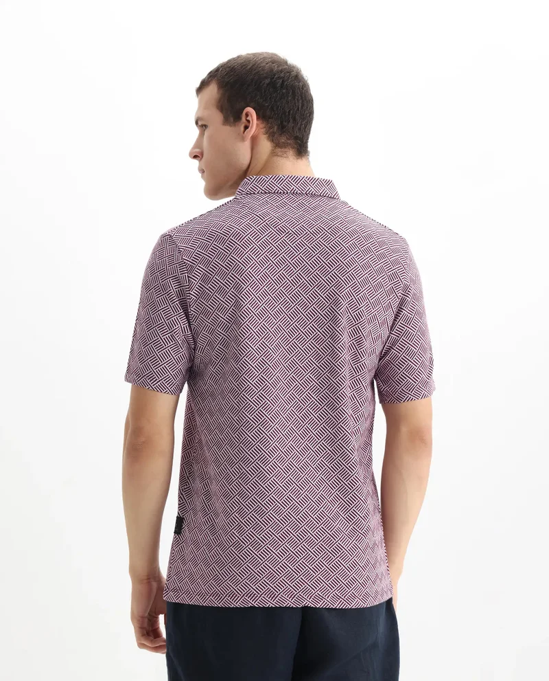 Rare Rabbit Rare Rabbit Men's Cabetta Dark Purple Cotton Fabric Collared Neck Zipper Closure Half Sleeves Jacquard Polo