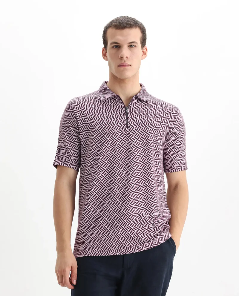 Rare Rabbit Rare Rabbit Men's Cabetta Dark Purple Cotton Fabric Collared Neck Zipper Closure Half Sleeves Jacquard Polo