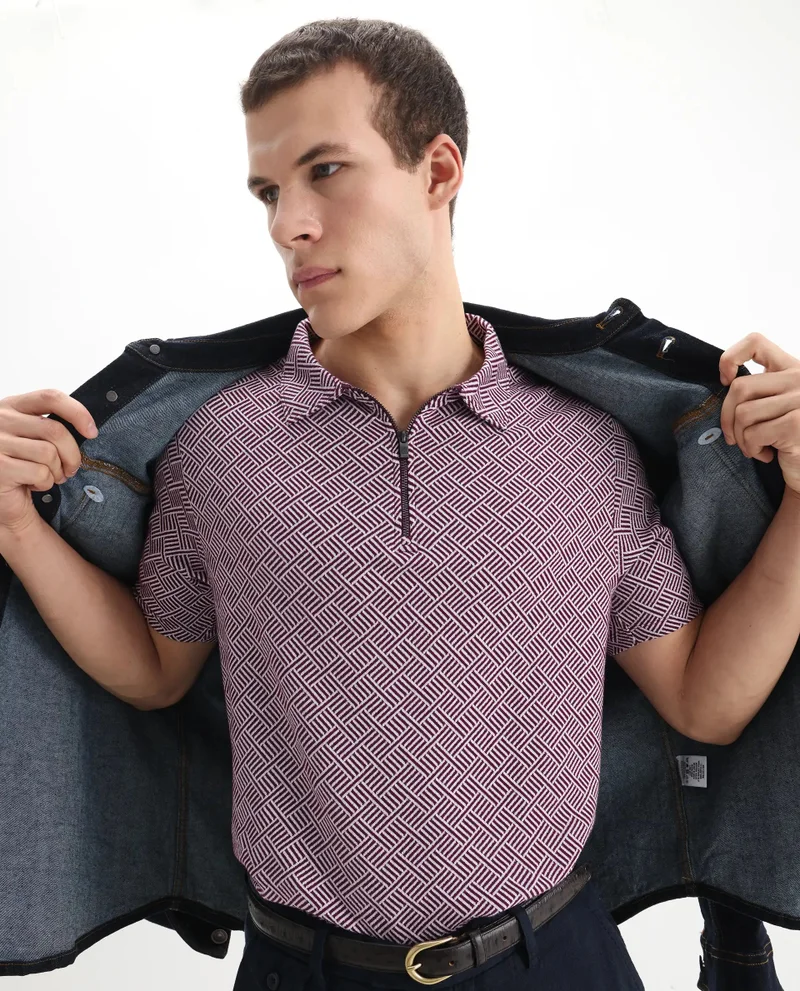 رير رابِت Rare Rabbit Men's Cabetta Dark Purple Cotton Fabric Collared Neck Zipper Closure Half Sleeves Jacquard Polo