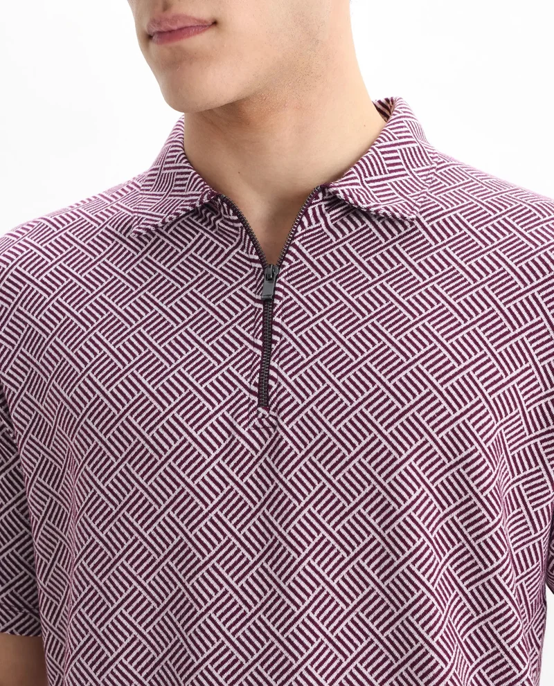 Rare Rabbit Rare Rabbit Men's Cabetta Dark Purple Cotton Fabric Collared Neck Zipper Closure Half Sleeves Jacquard Polo
