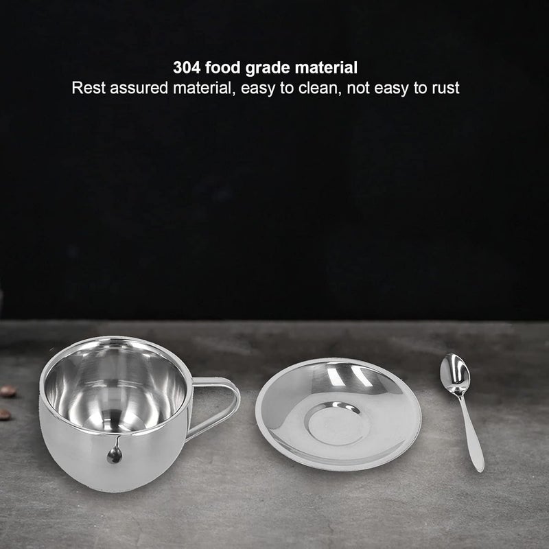 كلاراكو أكواب قهوة من الفولاذ المقاوم للصدأ، مجموعة من 3 أكواب قهوة معزولة من الفولاذ المقاوم للصدأ، أكواب مزدوجة الجدار من الفولاذ المقاوم للصدأ، أكواب شاي بالحليب مع صحن وملعقة، أكواب للقهوة واللاتيه والشاي وكوب كابتشينو رائع - Image 2