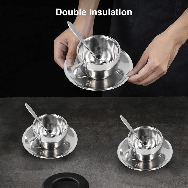 كلاراكو أكواب قهوة من الفولاذ المقاوم للصدأ، مجموعة من 3 أكواب قهوة معزولة من الفولاذ المقاوم للصدأ، أكواب مزدوجة الجدار من الفولاذ المقاوم للصدأ، أكواب شاي بالحليب مع صحن وملعقة، أكواب للقهوة واللاتيه والشاي وكوب كابتشينو رائع - Image 4