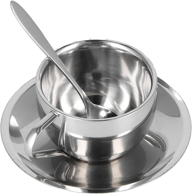 كلاراكو أكواب قهوة من الفولاذ المقاوم للصدأ، مجموعة من 3 أكواب قهوة معزولة من الفولاذ المقاوم للصدأ، أكواب مزدوجة الجدار من الفولاذ المقاوم للصدأ، أكواب شاي بالحليب مع صحن وملعقة، أكواب للقهوة واللاتيه والشاي وكوب كابتشينو رائع - Image 1