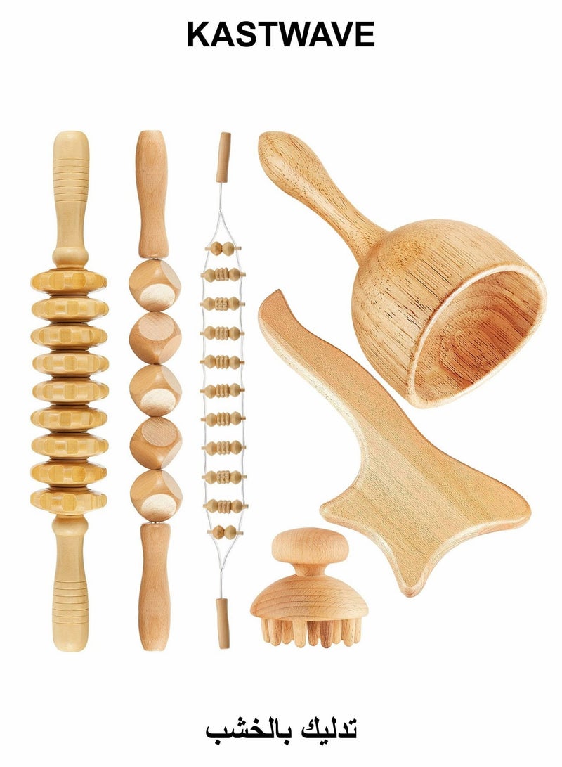 KASTWAVE 6 Pieces Wood Therapy Massage Tools Kit Wood Massager Roller Wood Gua Sha Roller Manual Wooden Fascia Massage for Release Cellulite Sore Muscle Blasting Full Body Muscle Pain Relief - Image 1