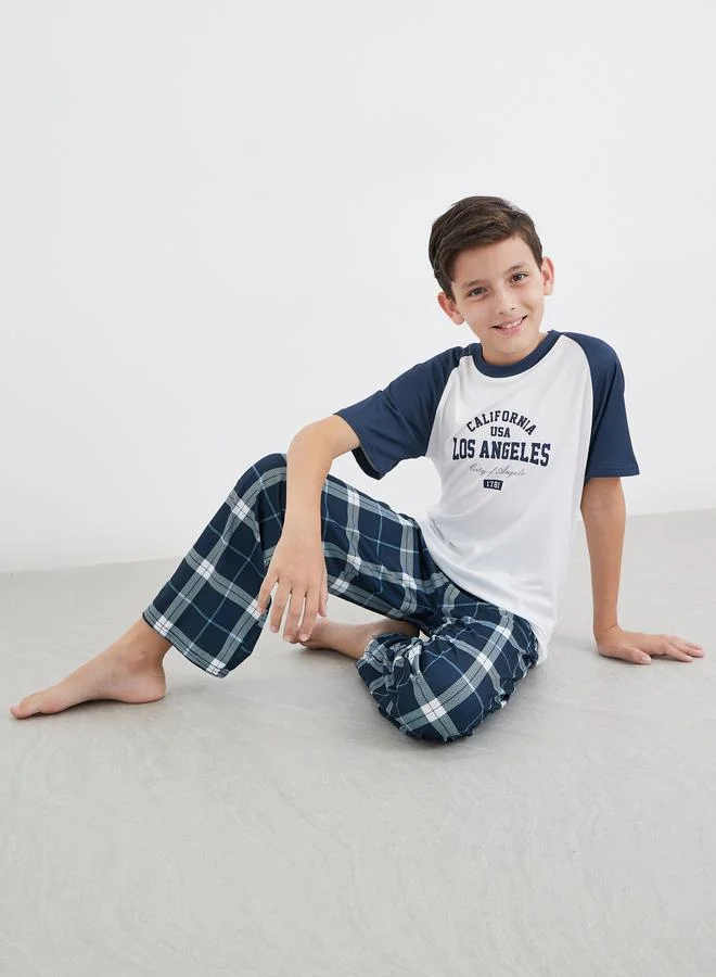 ستايلي Styli Printed Raglan Sleeve T-Shirt and Check Pyjama Set