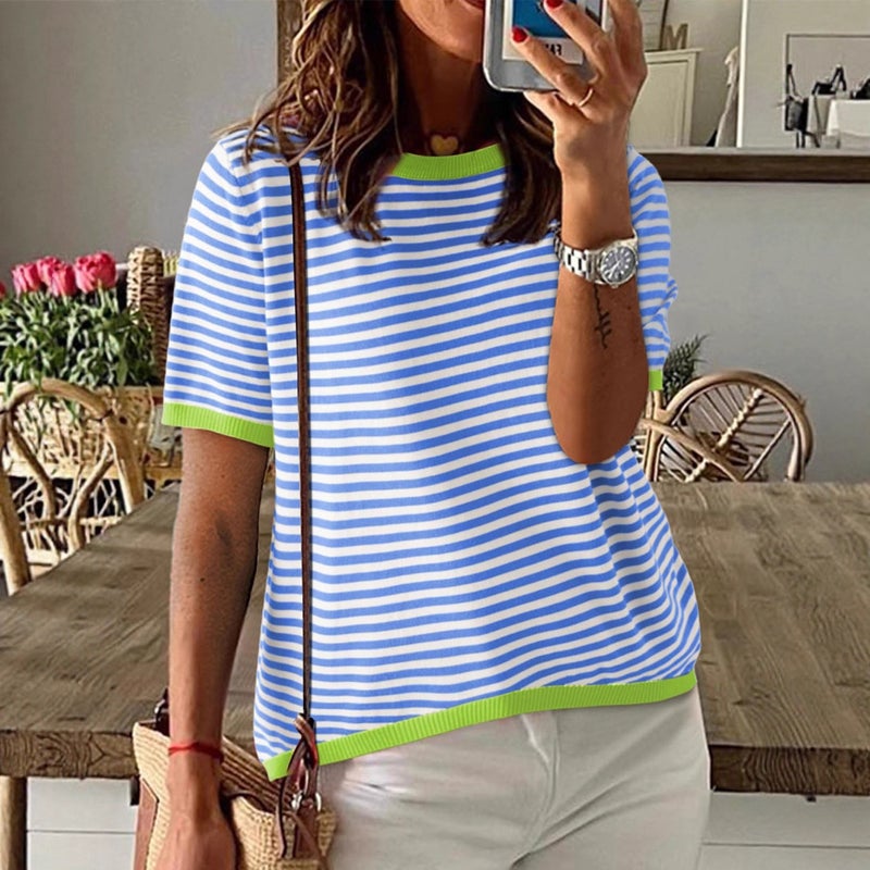Knit Sweater Striped Contrast Color Drop Shoulder Long Sleeve Top - Image 2