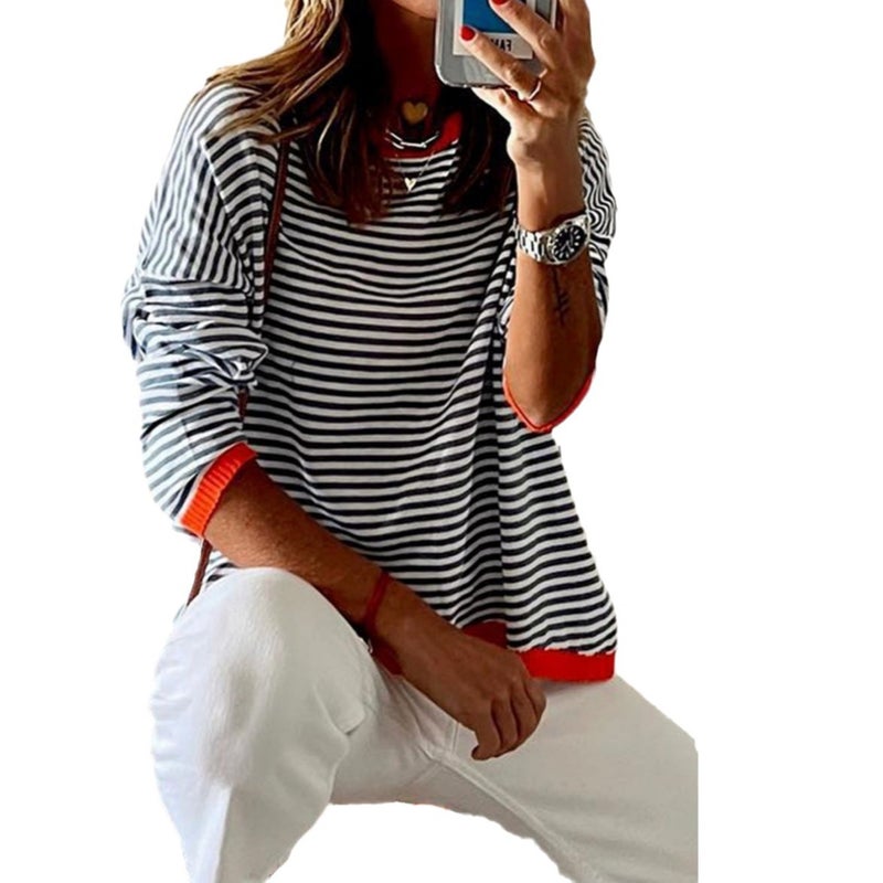 Knit Sweater Striped Contrast Color Drop Shoulder Long Sleeve Top - Image 5