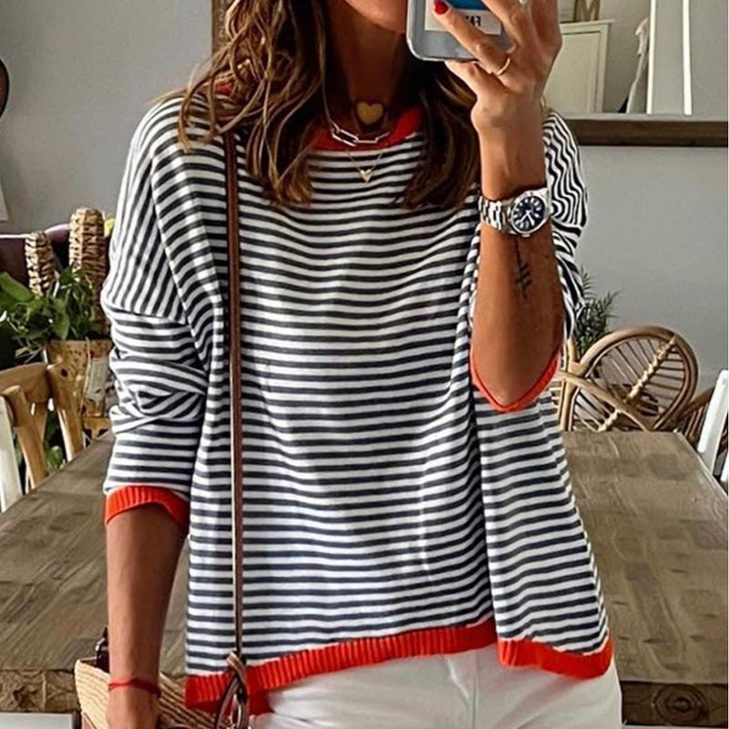 Knit Sweater Striped Contrast Color Drop Shoulder Long Sleeve Top - Image 1