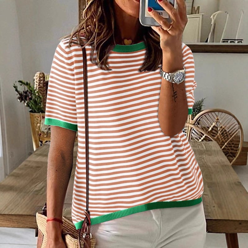 Knit Sweater Striped Contrast Color Drop Shoulder Long Sleeve Top - Image 3